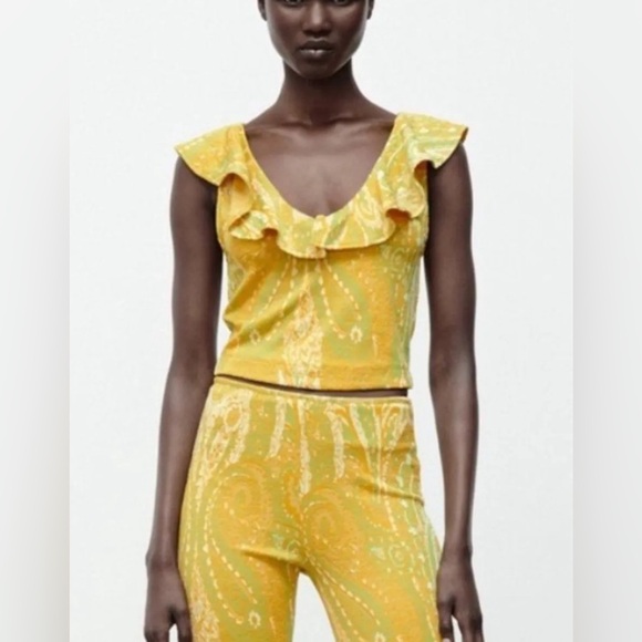 ZARA Rare Yellow Green Paisley Ruffle Crop Top Size L NWT Sleeveless Boho Chic - Picture 3 of 9